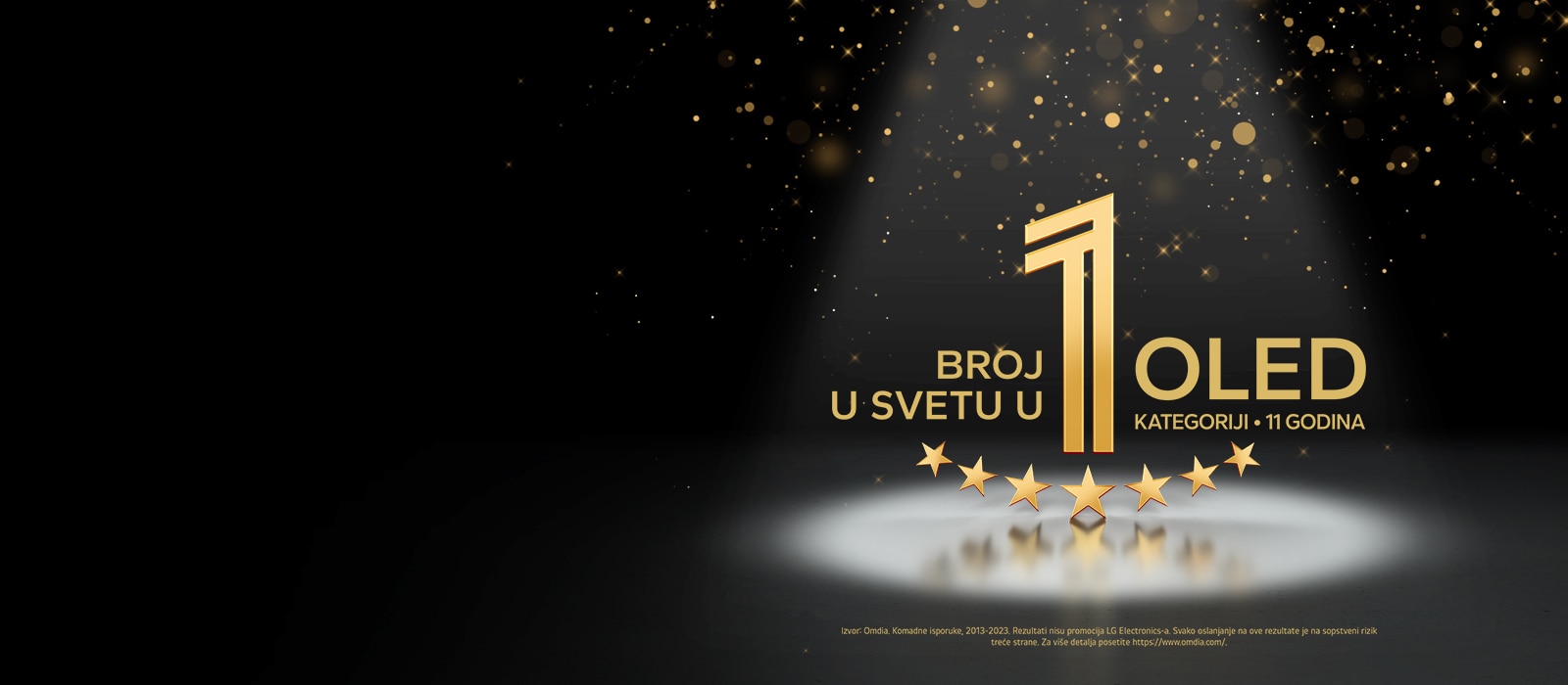 Zlatni amblem OLED televizora koji je već 11 godina broj 1 u svetu, na crnoj pozadini. Svetlo obasjava amblem, a zlatne apstraktne zvezde ispunjavaju nebo iznad njega.