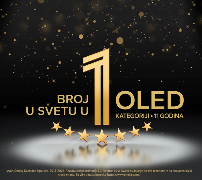Zlatni amblem OLED televizora koji je već 11 godina broj 1 u svetu, na crnoj pozadini. Svetlo obasjava amblem, a zlatne apstraktne zvezde ispunjavaju nebo iznad njega.