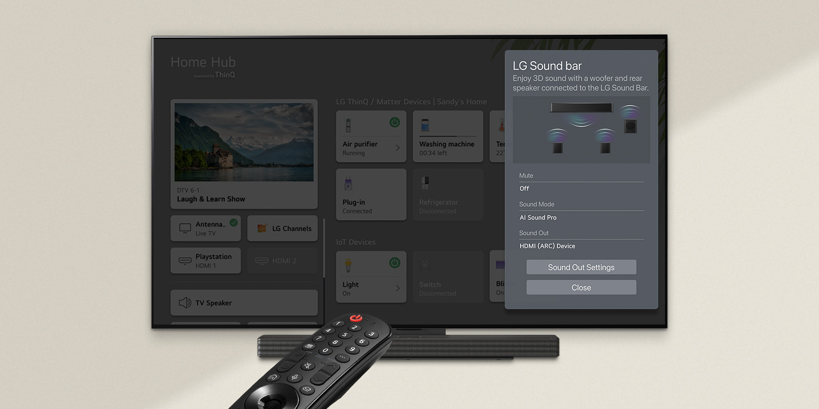 Daljinski upravljač okrenut ka LG OLED TV-u koji prikazuje podešavanja na desnoj strani ekrana.