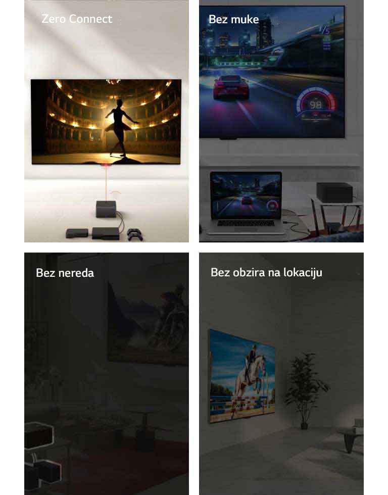 Prikazane su četiri slike. Na prvoj je Zero Connect Box postavljen ispred uređaja LG SIGNATURE OLED M4 na čijem je ekranu plesač u pozorištu „Zero Connect” u gornjem levom uglu. Na drugoj je igra sa trkama automobila koja je prikazana i na uređaju LG SIGNATURE OLED M4, koji je okačen na zid, i na laptopu u dnevnoj sobi, sa uređajem Zero Connect Box sa strane i rečima „Hassle Free” u gornjem levom uglu. Na trećoj je Zero Connect Box sa više urađaja ispod istaknutih zatamnjenom slikom u dnevnoj sobi i rečima „Clutter Free” u gornjem levom uglu. Na četvrtoj je LG SIGNATURE OLED M4 prikazan pod uglom na postolju u dnevnoj sobi, sa rečima „Location Free” u gornjem levom uglu.