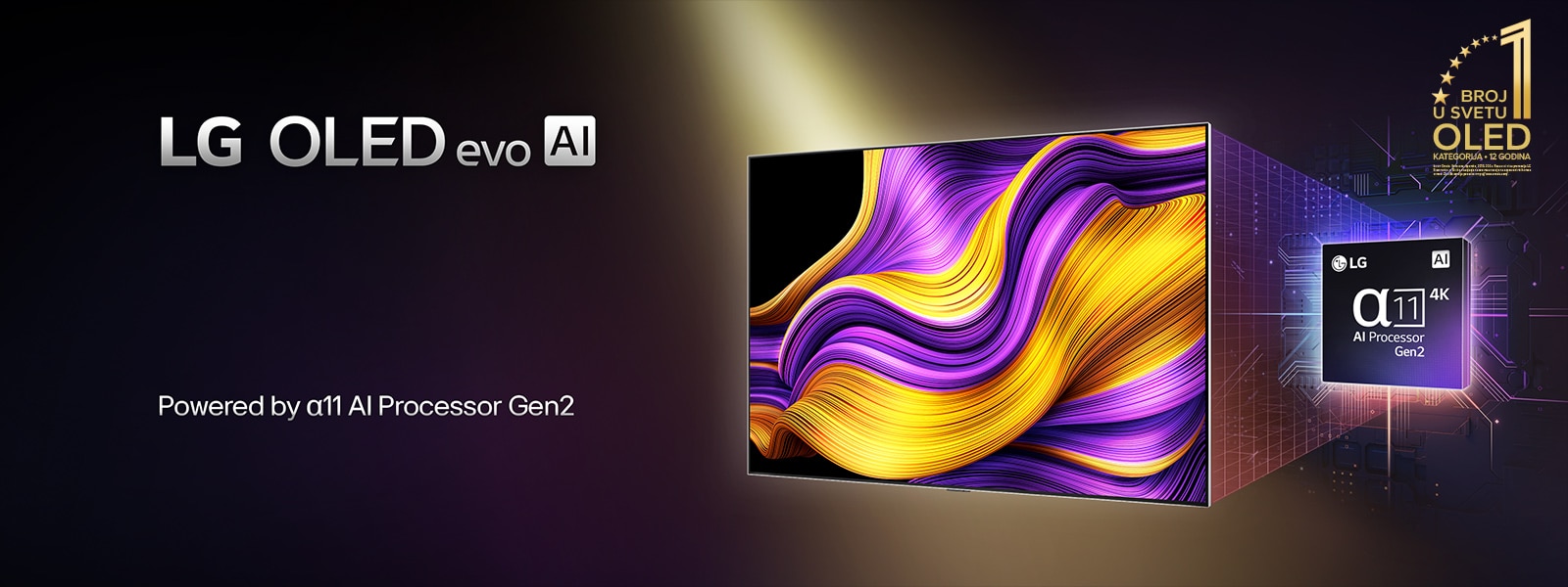 Na ekranu LG OLED evo AI televizora je apstraktna slika sa impresivnim detaljima, bojom i kontrastom. Iza televizora je uvećana verzija alpha 9 AI procesora 8. generacije. Svetli svetlošću koja osvetljava kola mikročipova oko sebe. Naslov glasi LG OLED evo AI. Vidljiv je i tekst „Pokreće LG alpha 9 AI procesor 8. generacije”. Zlatni logotip sa zvezdama nalazi se u uglu i glasi „OLED TV je broj jedan na svetu već 12 godina”. 