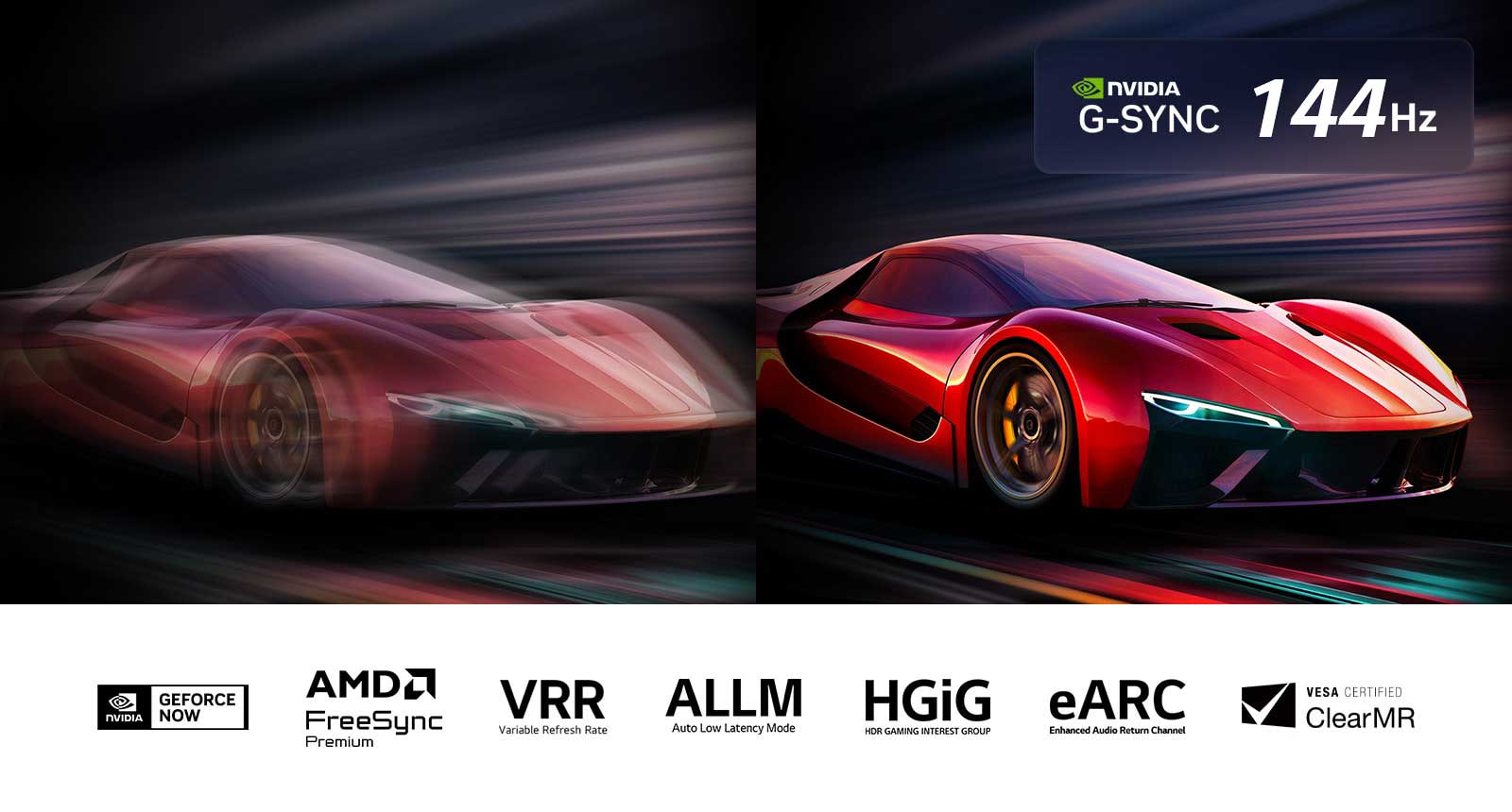 Dve slike automobila u video igri jedna pored druge. Jedna prikazuje mnogo zamućenja pokreta. Druga je oštra i fokusirana i prikazuje veliku brzinu kadrova LG OLED TV-a. Vide se logotip Nvidia G-Sync i drugi relevantni sertifikati. 