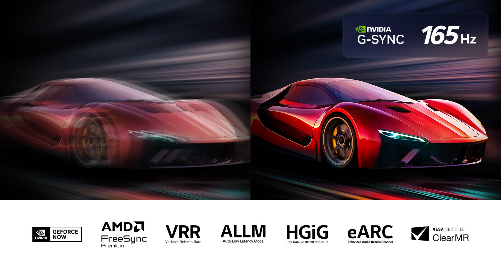 Dve slike automobila u video igri jedna pored druge. Jedna prikazuje mnogo zamućenja pokreta. Druga je oštra i fokusirana i prikazuje veliku brzinu kadrova LG OLED TV-a. Vide se logotip Nvidia G-Sync i drugi relevantni sertifikati. 
