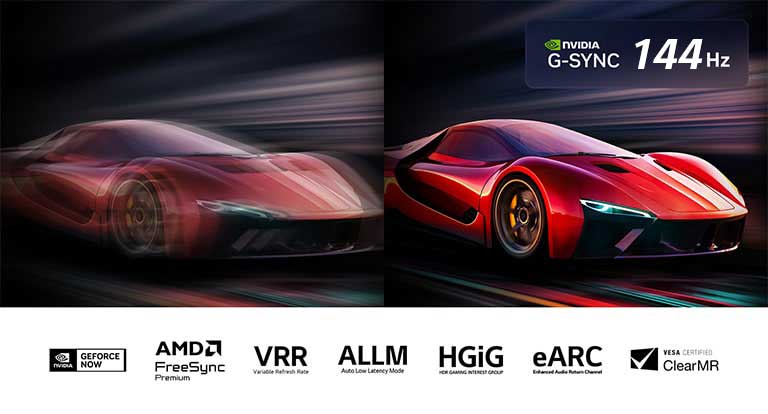 Dve slike automobila u video igri jedna pored druge. Jedna prikazuje mnogo zamućenja pokreta. Druga je oštra i fokusirana i prikazuje veliku brzinu kadrova LG OLED TV-a. Vide se logotip Nvidia G-Sync i drugi relevantni sertifikati. 