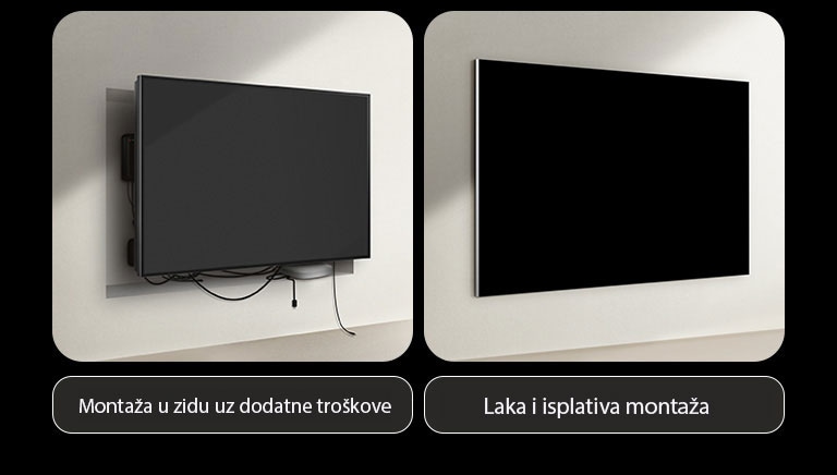 Uporedi prikaz žičanog TV-a i istinski bežičnog LG TV-a u pogledu montaže. Na strani žičanog TV-a vidljivo je da su potrebni dodatni radovi da bi se drugi uređaji sakrili iza TV-a. Uređaj je neuredno postavljen, a kablovi se i dalje vide kroz otvore. Na nalepnici piše montaža u zidu uz dodatne troškove. Na strani istinski bežičnog LG TV-a televizor je postavljen u ravni sa zidom. Nisu vidljivi kablovi ni drugi uređaji. Na nalepnici piše laka i isplativa montaža. 