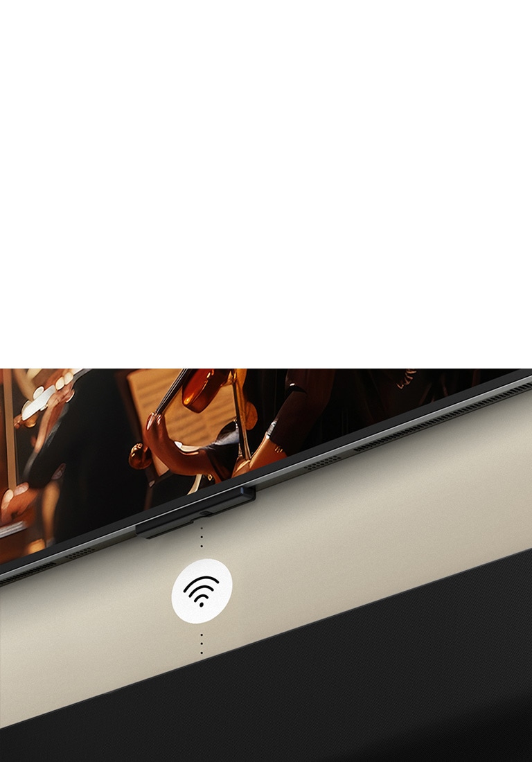 Krupni plan LG TV-a iznad LG Soundbar-a sa simbolom za Wi-Fi koji lebdi iznad.