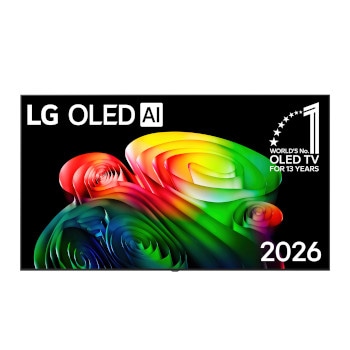 Pogled s prednje strane na LG OLED AI B6, objavljen 2026. godine, s tankim crnim okvirom, sa živopisnom, skulpturalnom slikom bogato slojevitih, raznobojnih oblika koji ispunjavaju ekran.1