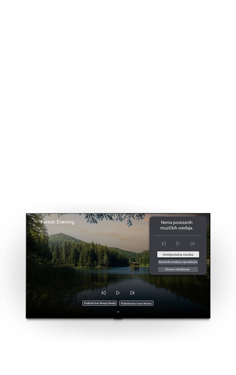 LG Gallery+ modela LG OLED evo AI G6 s funkcijama BGM i Music Lounge prikazuje scenu šumskog jezera „Forest Evening” na ekranu, s vidljivim UI panelom muzičkog salona za ambijentalnu muziku, reprodukciju preko Bluetooth veze i kontrole. 
