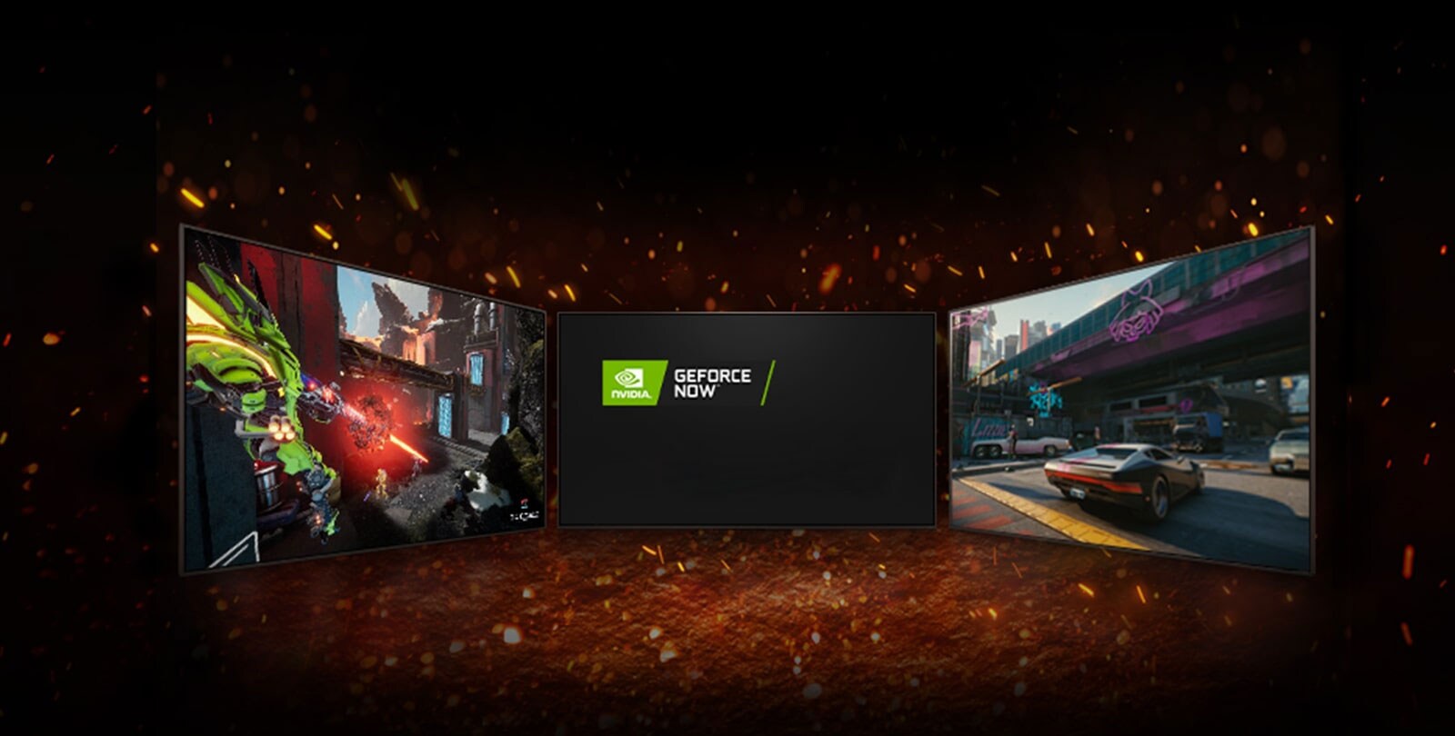 Prikazana su tri televizora. U sredini ekrana prikazuju se logotipi postavljeni dijagonalno – logotip NVIDIA GeFORCE NOW. Na levom televizoru prikazuje se Splitgate, a na desnom televizoru Cyberpunk 2077.  