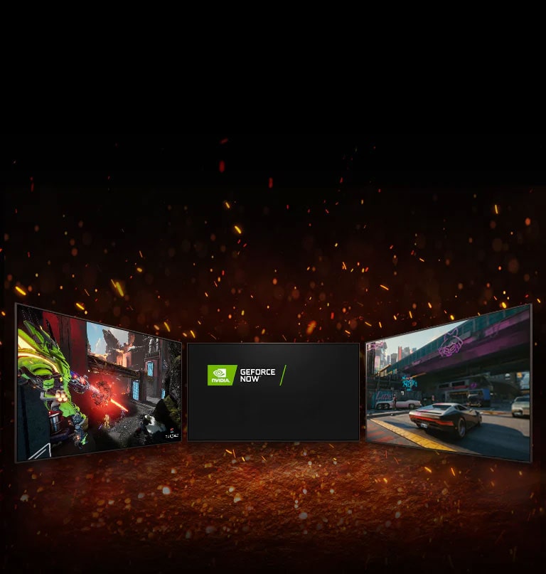 Prikazana su tri televizora. U sredini ekrana prikazuju se logotipi postavljeni dijagonalno – logotip NVIDIA GeFORCE NOW. Na levom televizoru prikazuje se Splitgate, a na desnom televizoru Cyberpunk 2077.  
