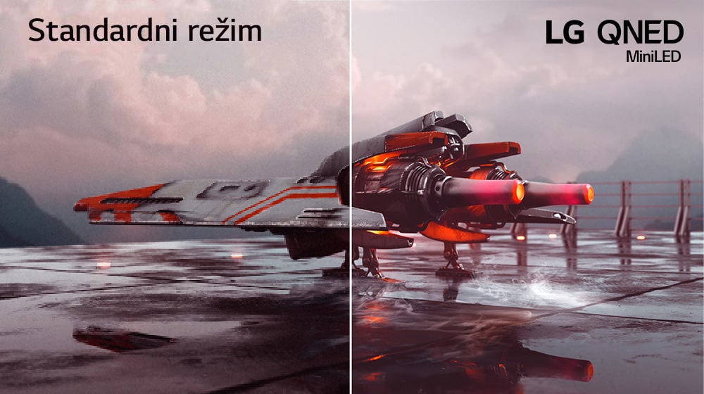 Prikazan je crveni borbeni avion i slika je podeljena na dva dela – leva polovina slike ima manje boja i za nijansu je tamnija, dok je desna polovina slike svetlija i živopisnija. U levom gornjem uglu slike stoji natpis „Standardno”, a u desnom gornjem uglu je logotip LG QNED.