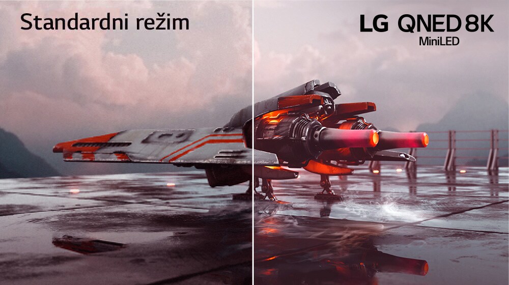 Prikazan je crveni borbeni avion i slika je podeljena na dva dela – leva polovina slike ima manje boja i za nijansu je tamnija, dok je desna polovina slike svetlija i živopisnija. U levom gornjem uglu slike stoji natpis „Standardno”, a u desnom gornjem uglu je logotip LG QNED.