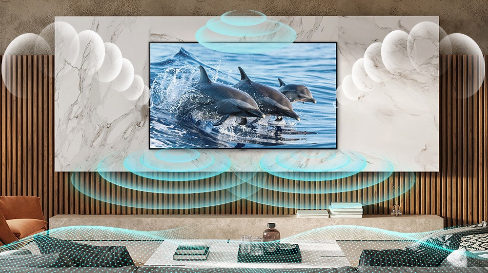 AI Sound Pro se aktivira i na slici se prikazuje kao da bogat zvuk ispunjava prostor sa zvučnim efektima.