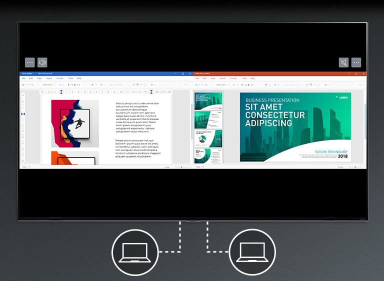 Tri funkcije višestrukog prikaza se odmotavaju i prikazuju. Uporedni prikaz sadrži piktogram kamere dole i prikazuje dva ekrana na kojima se obavlja video-poziv. Slika u slici ima piktogram kamere ispod i mogu da vidim sebe ako kopiram video-sadržaj sa vežbama. Konačno, Dvostruki monitor prikazuje sliku piktograma i dva ekrana sa dokumentima povezana sa računarom.