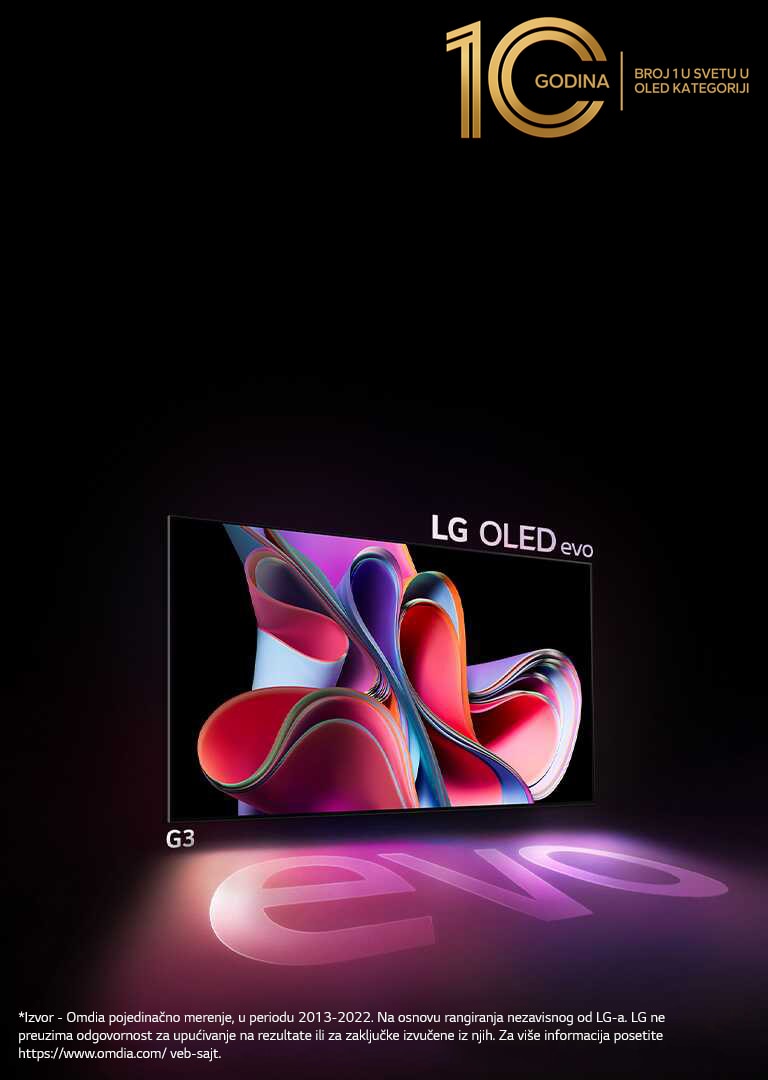 LG OLED G3 evo blistavo sija u mračnom prostoru. A u gornjem desnom uglu nalazi se logotip koji obeležava 10-godišnjicu OLED-a.