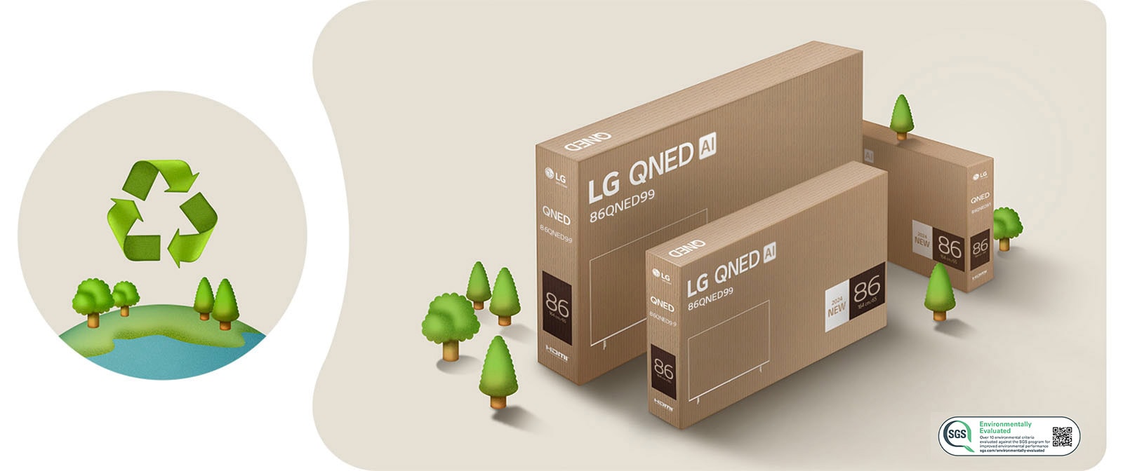 LG QNED pakovanje na bež pozadini sa nacrtanim drvećem. 