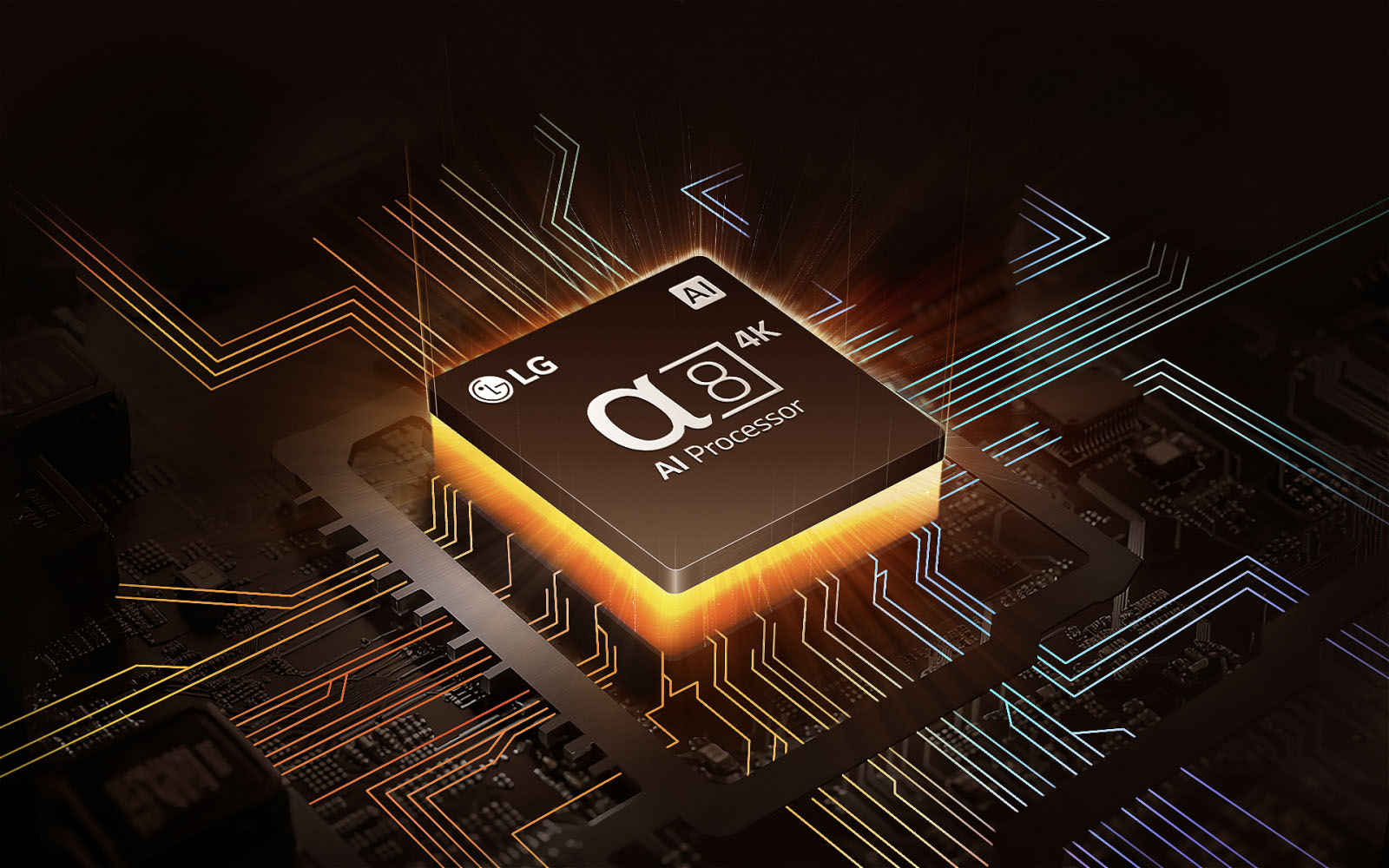 LG alpha 8 AI procesor 4K obasjan narandžastom svetlošću čiji je izvor ispod njega i višebojne linije matične ploče koje se granaju sa AI procesora.