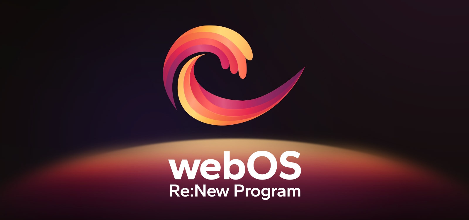 Logo programa webOS Re:New Program spram crne pozadine sa žuto-narandžasto-ljubičastom kružnom sferom u dnu.