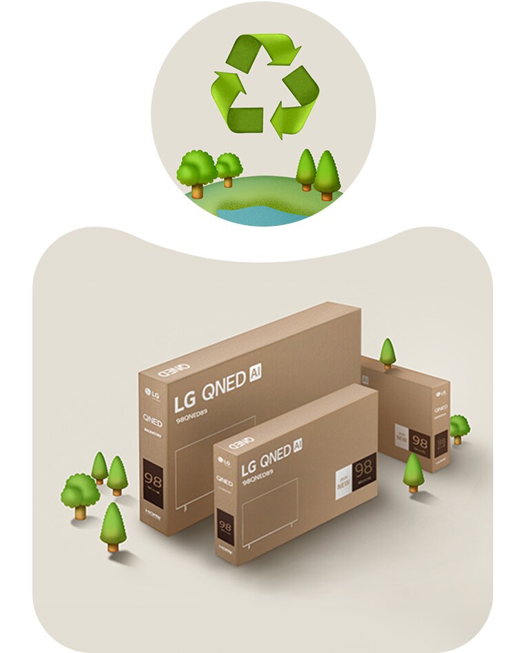 LG QNED pakovanje na bež pozadini sa nacrtanim drvećem. 