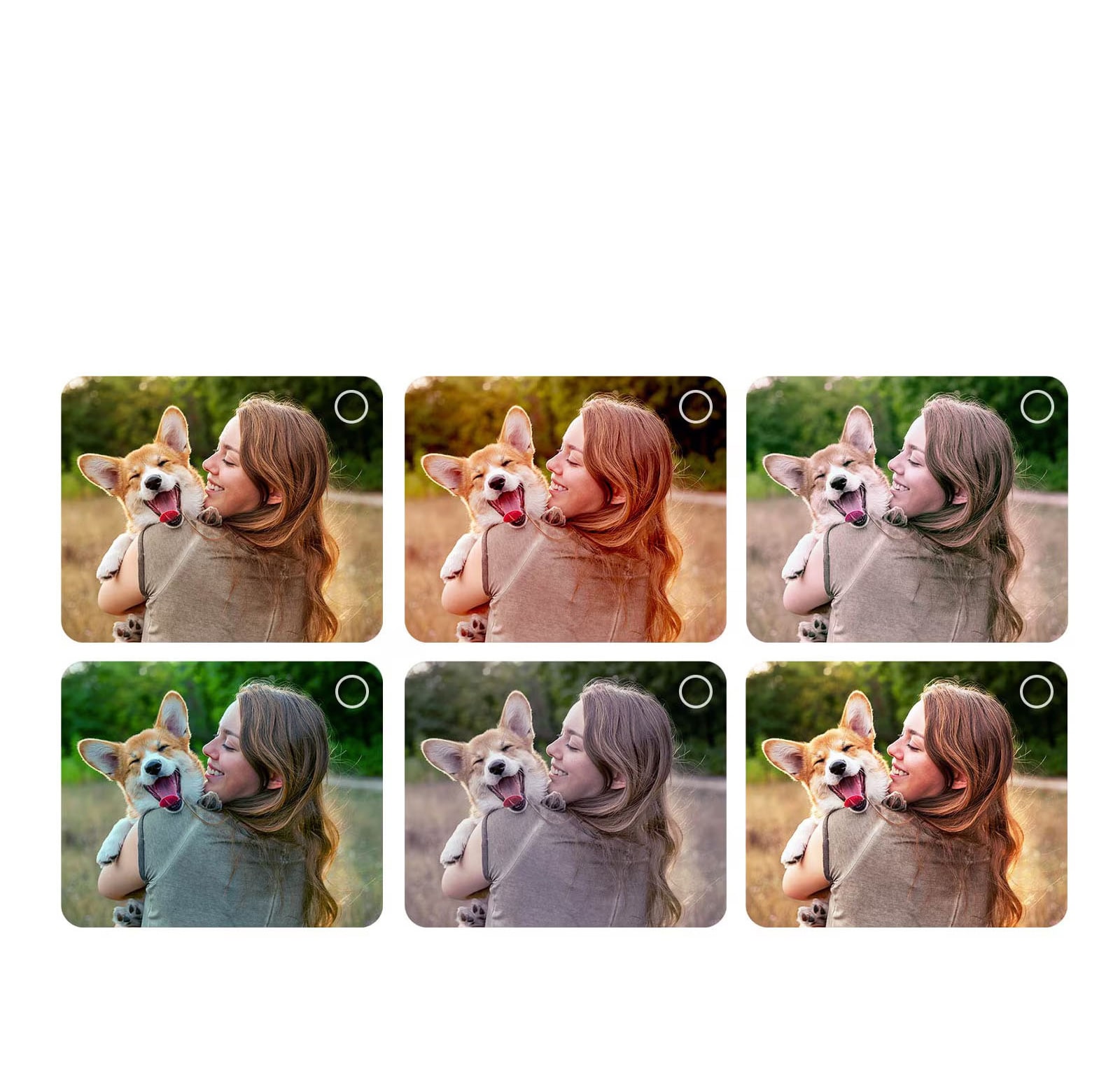 Ekran korisnika koji prolazi kroz proces personalizacije opcije AI Picture Wizard. Prikazane su serije slika sa označenim izborima korisnika. Pojavljuje se ikona učitavanja i prikazuje se položena slika koja se poboljšava sleva nadesno. 