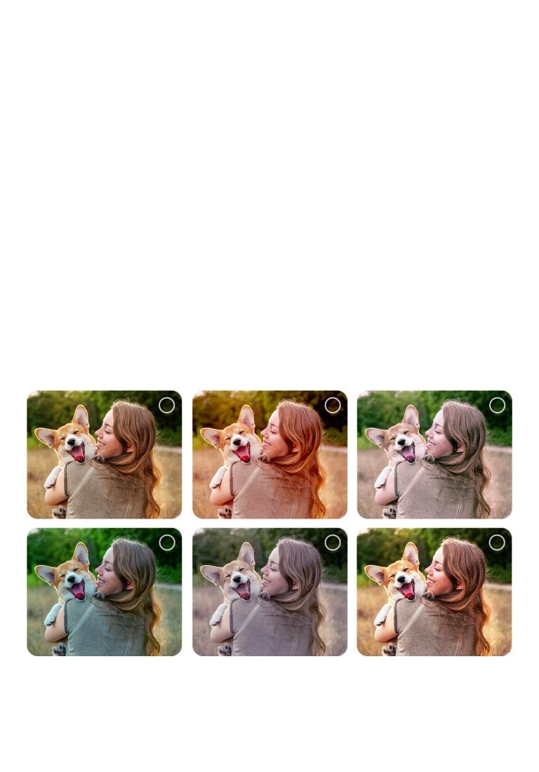 Ekran korisnika koji prolazi kroz proces personalizacije opcije AI Picture Wizard. Prikazane su serije slika sa označenim izborima korisnika. Pojavljuje se ikona učitavanja i prikazuje se položena slika koja se poboljšava sleva nadesno. 