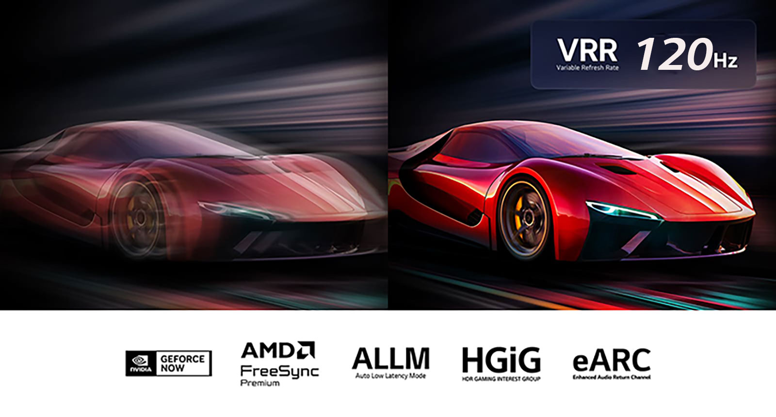 Dve slike automobila u video igri jedna pored druge. Jedna prikazuje mnogo zamućenja pokreta. Druga je oštra i fokusirana i prikazuje veliku brzinu kadrova LG QNED TV-a. Logotipi VRR i 144Hz su u gornjem desnom uglu.