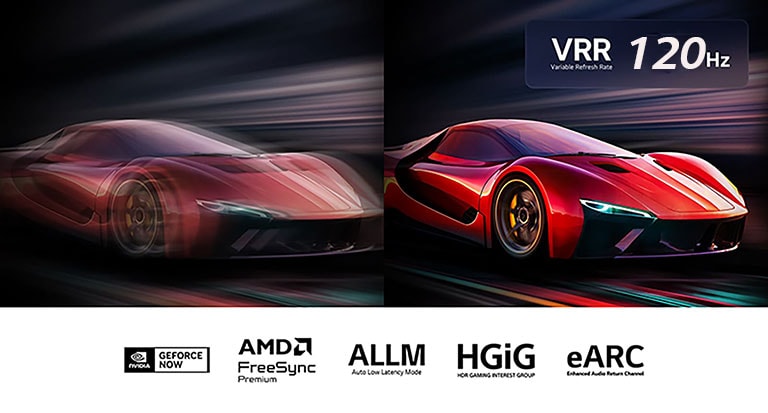 Dve slike automobila u video igri jedna pored druge. Jedna prikazuje mnogo zamućenja pokreta. Druga je oštra i fokusirana i prikazuje veliku brzinu kadrova LG QNED TV-a. Logotipi VRR i 144Hz su u gornjem desnom uglu.