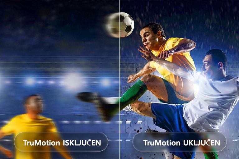 LG QNED AI QNED70 Mini LED s funkcijom TruMotion naglašava zaglađivanje pokreta na fudbalskoj utakmici s podeljenim ekranom, prikazujući kontrast između zamućene akcije s isključenom funkcijom TruMotion i oštrih, jasnih pokreta s uključenom funkcijom TruMotion On kako bi se naglasila jasnoća u brzim sportovima.