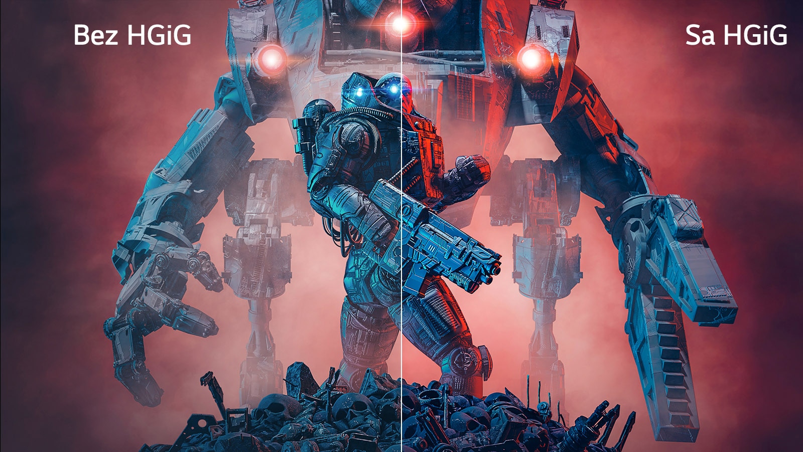 Slika na kojoj se prikazuju leva polovina slike bez HGiG i desna polovina sa HGiG da bi se video kontast.