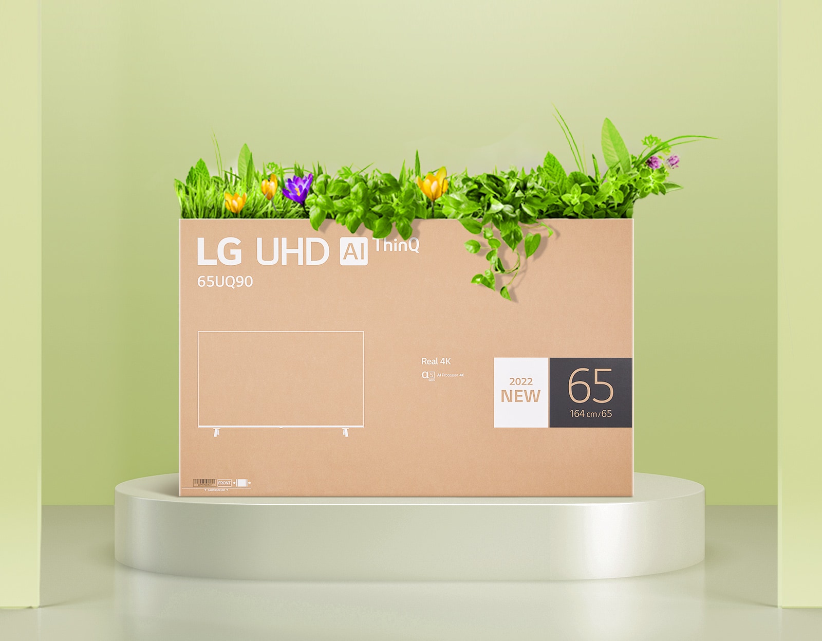 Kutija iz koje izlazi cveće iz ambalaže LG UHD monitora unapređenog kvaliteta.