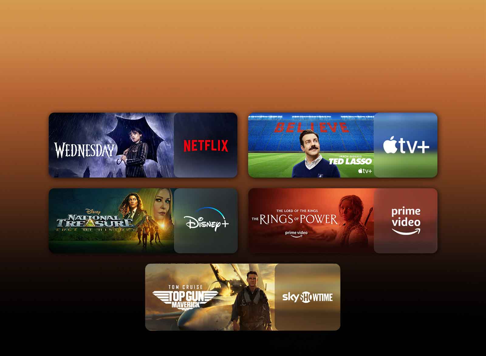 Pored svakog logotipa nalaze se logotipi platformi sa uslugom strimovanja sadržaja i odgovarajućim slikama. Prikazane su slike „Wednesday” na Netflix, „TED LASSO” na Apple TV, „National Treasure” na Disney Plus i „The rings of power” na PRIME VIDEO.