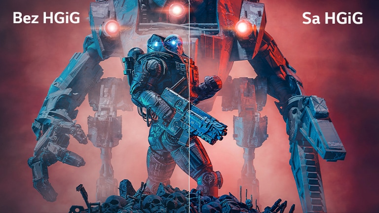 Slika na kojoj se prikazuju leva polovina slike bez HGiG i desna polovina sa HGiG kako bi se prikazao kontrast.