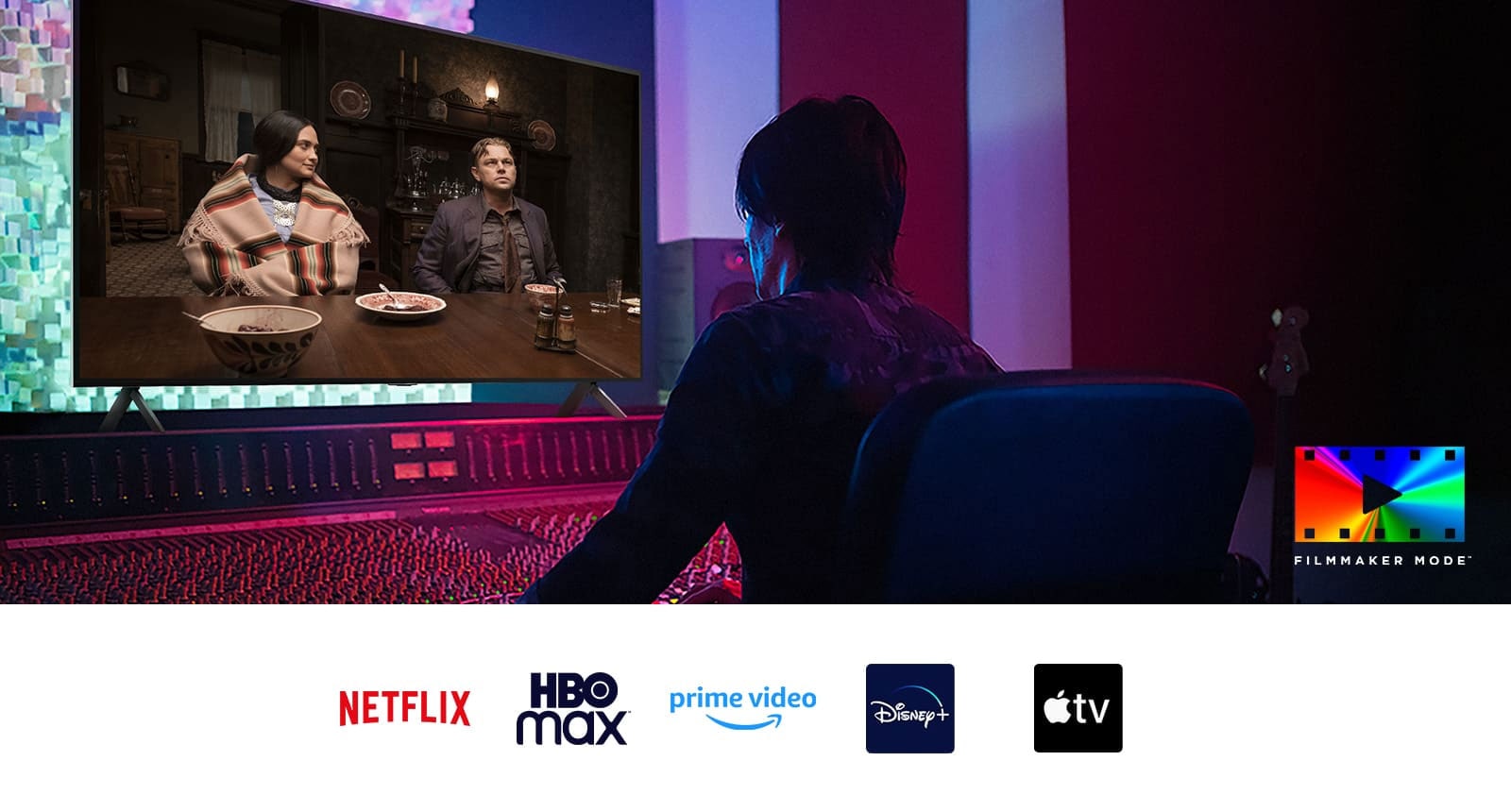 Režiser ispred kontrolne table montira film „Ubistva pod cvetnim mesecom” na LG UHD TV-u. U donjem levom uglu slike nalazi se logotip FILMMAKER MODE™. Ispod slike su logotipi za Netflix, HBOmax, Prime Video, Disney Plus, Apple TV i LG Channels. 