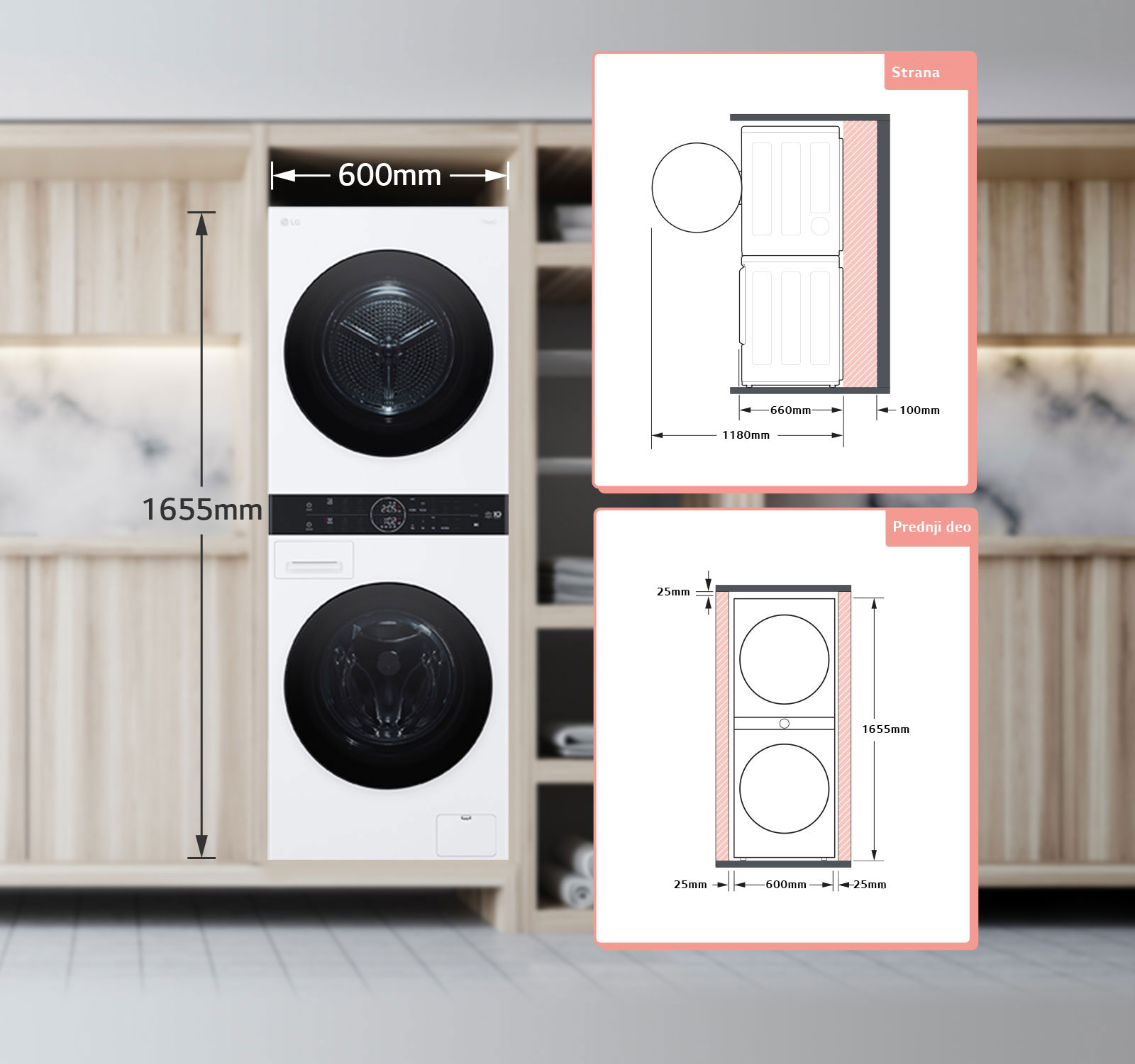 Na slici je prikazan dizajn prostora potrebnog za ugradnju WashTower-a. Potrebno je rastojanje od 10 cm pozadi i 2,5-2,5 cm sa svake strane.