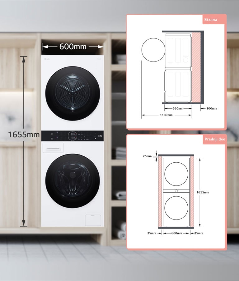 Na slici je prikazan dizajn prostora potrebnog za ugradnju WashTower-a. Potrebno je rastojanje od 10 cm pozadi i 2,5-2,5 cm sa svake strane.