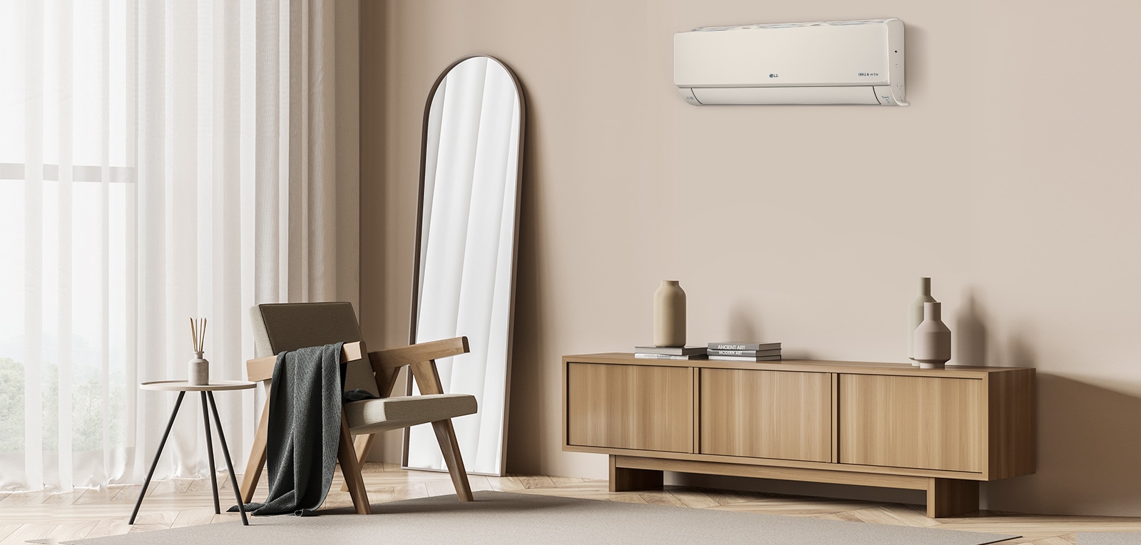 Klima uređaj na zidu radi u elegantnom prostoru.