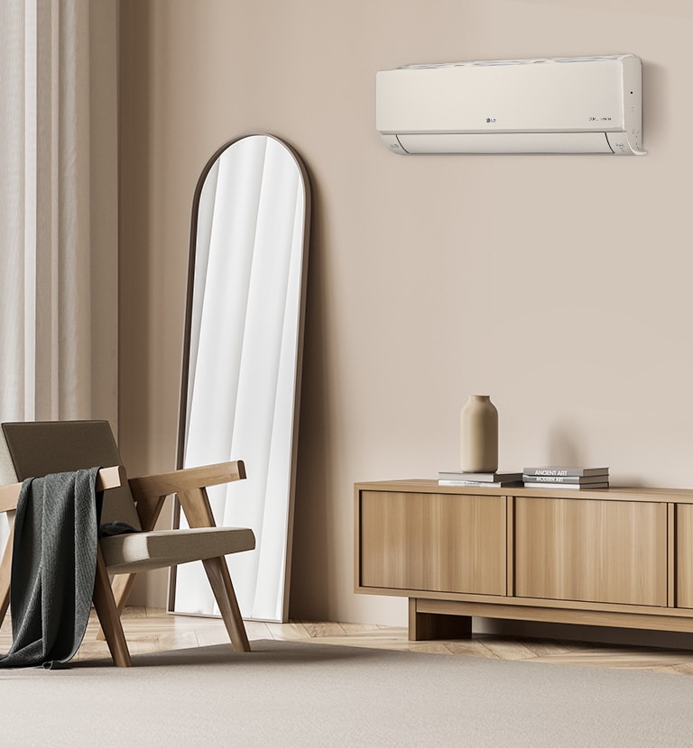 Klima uređaj na zidu radi u elegantnom prostoru.