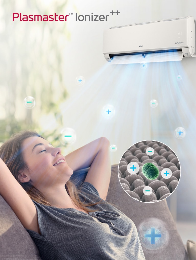 Dugme reprodukcija/pauziranje na dnu pokazuje da je to video-snimak. Žena se proteže sa osmehom na kauču. LG klima uređaj na zidu iznad nje izduvava vazduh. Balončići sa znakovima plus i minus kreću se kroz vazduh zbog Plastmaster jonizatora. Prikazan je krug sa uveličanim prikazom balončića jona sa znakom plus i minus koji okružuju bakterije. Logotip Plasmaster jonizatora može se videti u uglu slike.