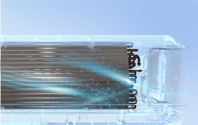 Prikaz LG klima uređaja spreda gde je spoljašnjost potpuno nevidljiva tako da se može videti unutrašnji sklop mašine. Mašina radi, a zatim plavo svetlo, mehanizam za automatsko čišćenje, uključuje se i mašina se obasipa plavom svetlošću.