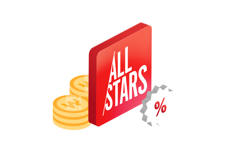 Nekoliko novčića naslagano je s leve strane, logotip LG All Stars je u sredini, a simbol procenta u belom obliku zvezde sa desne strane.