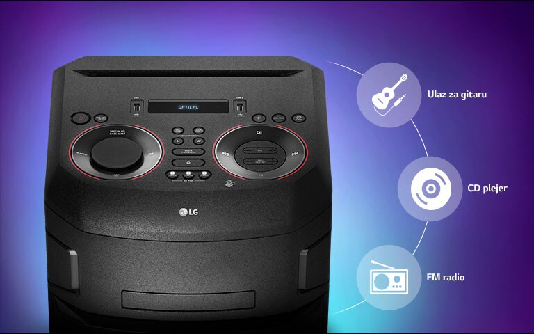 Prikaz gornjeg dela zvučnika LG XBOOM izbliza, ikonice za povezivanje prikazane su oko proizvoda.