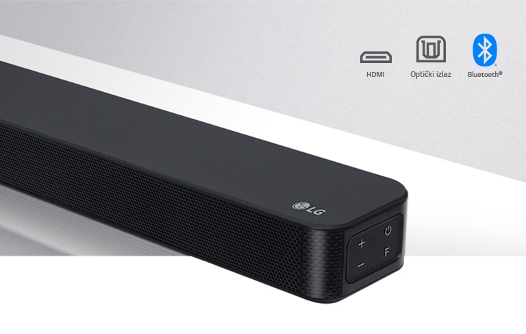 Prikaz desne strane LG Soundbar zvučnika izbliza sa logotipom LG u donjem desnom uglu. Ikonice za povezivanje prikazane iznad proizvoda.