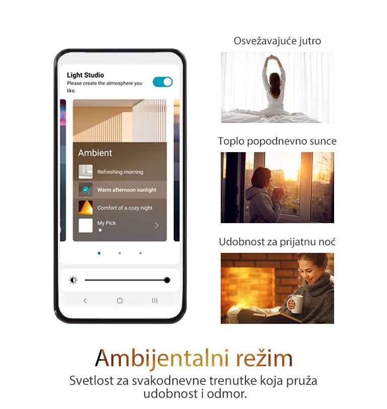 Slika mobilnog telefona sa APP ekranom koji je uključen u ambijentalnom režimu. Slike uključuju slike žena koje sede na krevetima prepuštene sećanjima dok se protežu, žene koje posmatraju zalazak sunca i žene koje prave pauzu u čitanju.