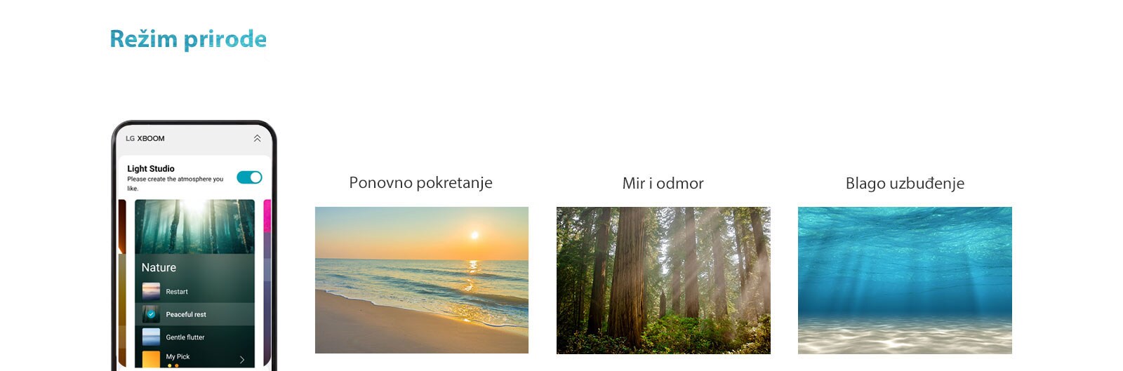 Slika mobilnog telefona sa APP ekranom koji je uključen u režimu prirode. Slika plaže pri zalasku sunca. Slika šume obasjane suncem. Slika svetlosti koja isijava ispod kristalne površine mora.