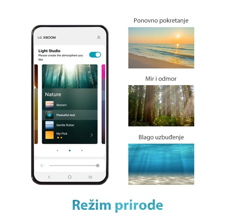 Slika mobilnog telefona sa APP ekranom koji je uključen u režimu prirode. Slika plaže pri zalasku sunca. Slika šume obasjane suncem. Slika svetlosti koja isijava ispod kristalne površine mora.