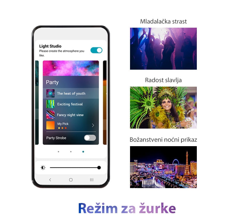 Slika mobilnog telefona sa APP ekranom koji je uključen u režimu za žurke, sa siluetama ljudi koji plešu u klubovima. Slika žene koja nosi šarenoliku odeću za žurke. Noćni prikaz grada obojenog neonskim bojama.