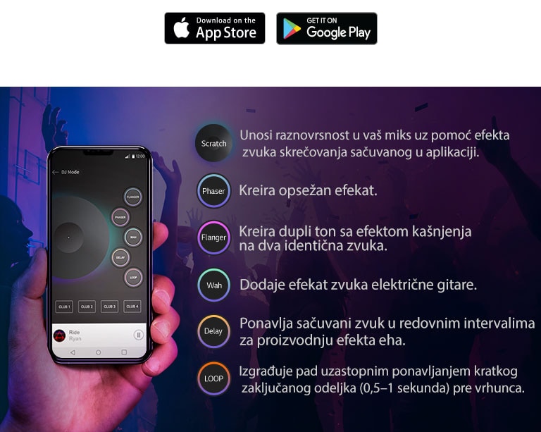 Da bi se prikazalo da zvuk koji izlazi iz proizvoda zvuči kao di-džej preko XBOOM APP, na slici je prikazana ruka sa telefonom na čijem ekranu je uključena aplikacija DJ APP sa funkcijama navedenim pored.