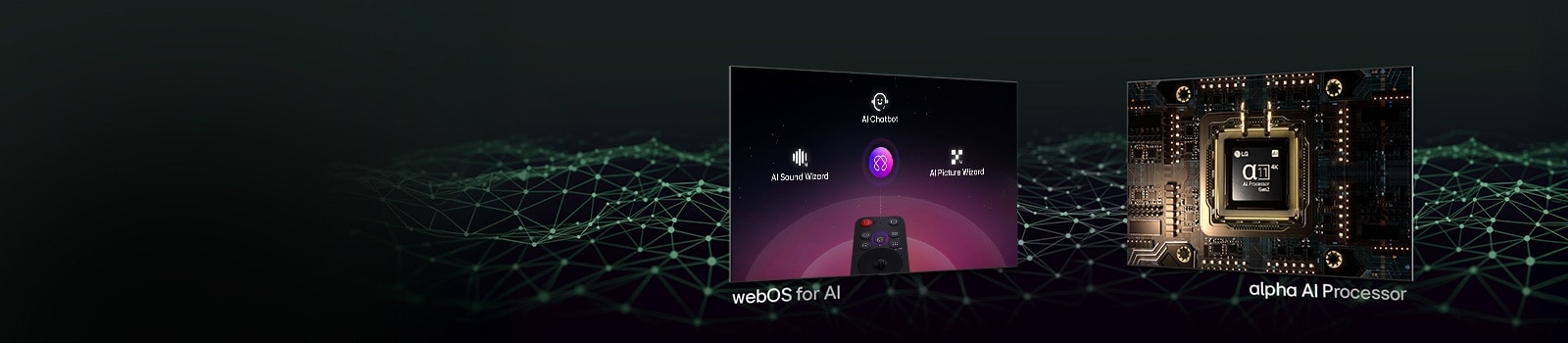 Dve različite scene s različitim karakteristikama. Jedna prikazuje LG AI Magic Remote s tekstom ispod u kom piše webOS za AI. Drugi ekran prikazuje alpha 11 AI procesor 2. generacije osvetljen tekstom ispod u kom piše alpha AI procesor.