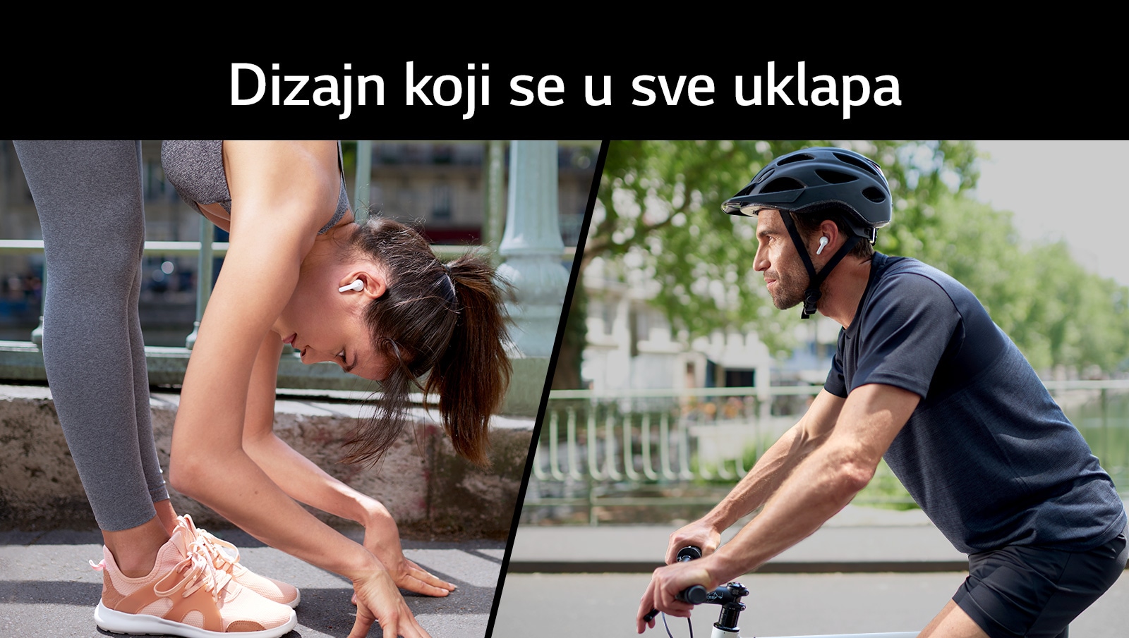 Žena se savija nadole da se istegne dok nosi TONE Free bubice. Muškarac vozi bicikl.