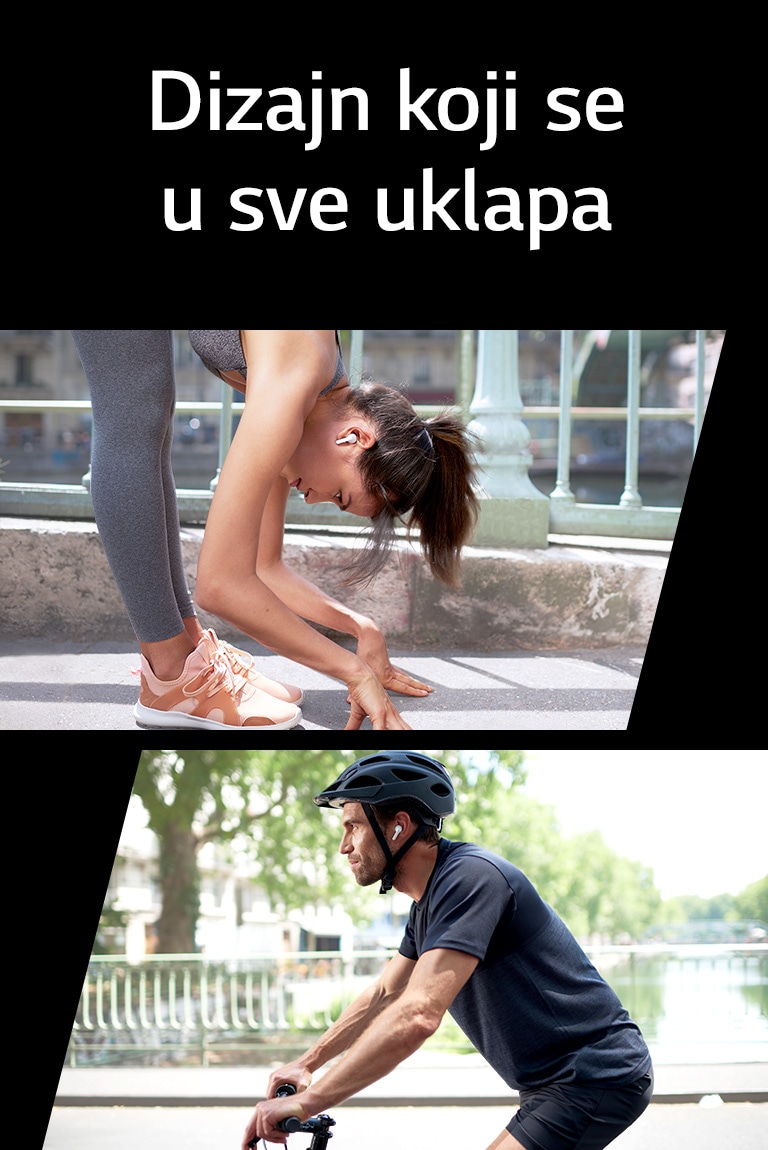 Žena se savija nadole da se istegne dok nosi TONE Free bubice. Muškarac vozi bicikl.